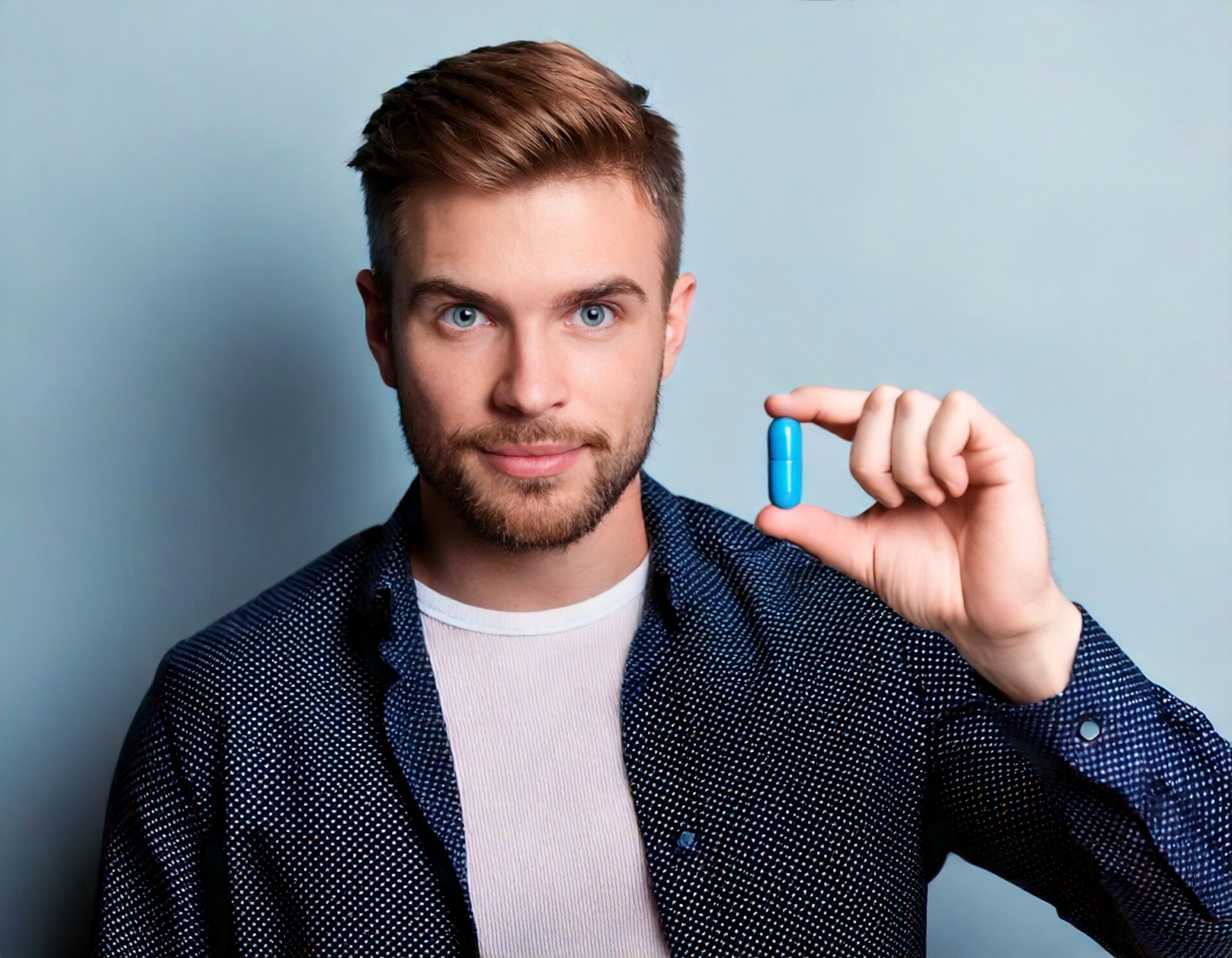 Man houdt blauwe capsule vast.